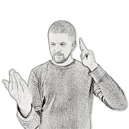 A forward-facing photo of myself looking towards my hand which has been edited to look like a sketch. A digital tablet, headset, and calendar fade into view.