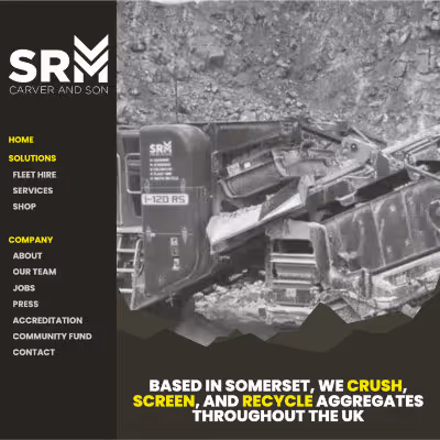 A mockup design for the SRM Carver and Son homepage, in hand-drawn style. A screenshot from the real website fades in to match sketch design. The website features a dark color pallette with a bright yellow accent color. The website has a sidebar navigation design with the company logo and links. On the page shown there is a large video that plays in the background of heavy construction machinery, and a svg design at the bottom to depict rocks, with a tagline for the company.
