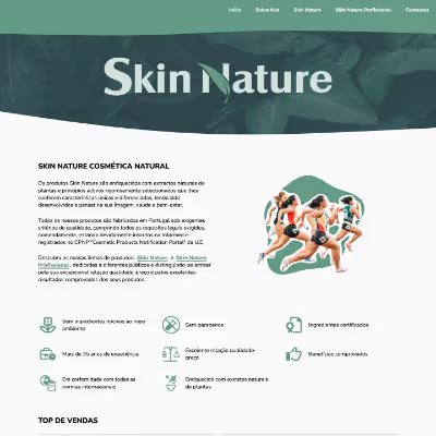 A mockup design for the Skin Nature homepage, in hand-drawn style. A screenshot from the real website fades in to match sketch design. The page features a green color pallette. Navigation bar, header block with large logo, and then a short paragraph explaining the company next to an graphic showing athletic people. Following on from this is a grid of icons and features that define what makes the products from this company special.