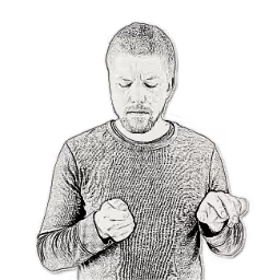 A forward-facing photo of myself looking down, which has been edited to look like a sketch. A magnifying glass and calculator fade into view to match the position of my hands.