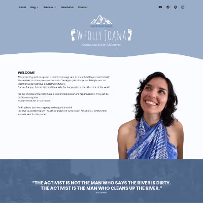 A mockup design for the Wholly Joana homepage, in hand-drawn style. A screenshot from the real website fades in to match sketch design. The website features a blue color scheme. There is a navigation bar and logo for the project in a blue header with a wavy border, followed by some text about the project and a photo of the person behind it.