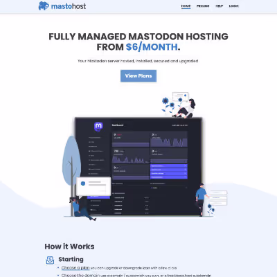 A mockup design for the masto.host homepage, in hand-drawn style. A screenshot from the real website fades in to match sketch design. The page features a blue accent color, simple navigation bar up top, tag line and button call to action, followed by a large illustrative piece that takes up most of the page.