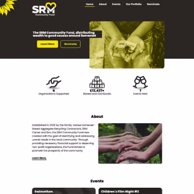 A mockup design for the SRM Community Fund homepage, in hand-drawn style. A screenshot from the real website fades in to match sketch design. The page features the company logo and design element of a sunflower on a dark header, which bold caption text and an on brand yellow-tinted photo. Under the header are three icons with stats for the company.