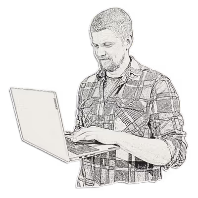 An edited photo of myself to look like a pencil sketch / sticker. I am holding a laptop and typing on the keys.